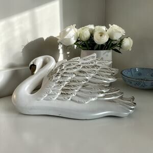 Vintage Matched Pair Swan Wall Plaques | White Gold Silver Feather Detail
